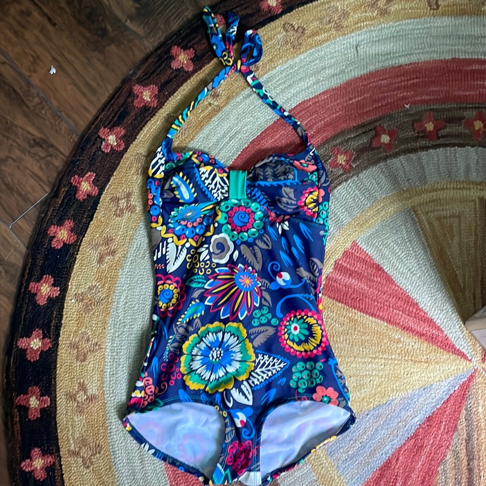 BODEN Colorful Floral Halter One Piece Swimsuit Navy Blue SIZE 6